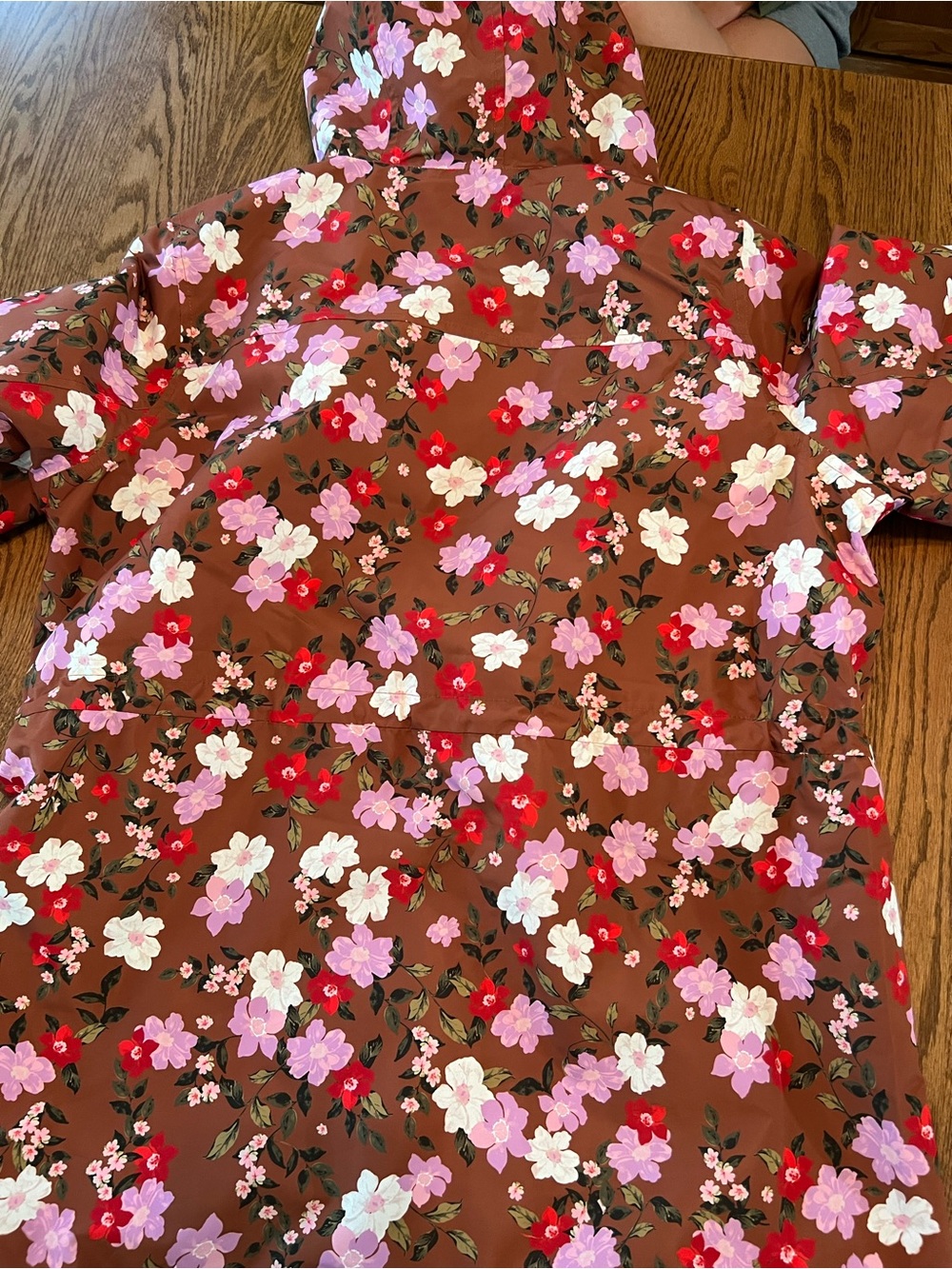 Lands' End Floral Hooded Trench Coat in Brown with Pink & Red Flowers - Picture 6 of 7